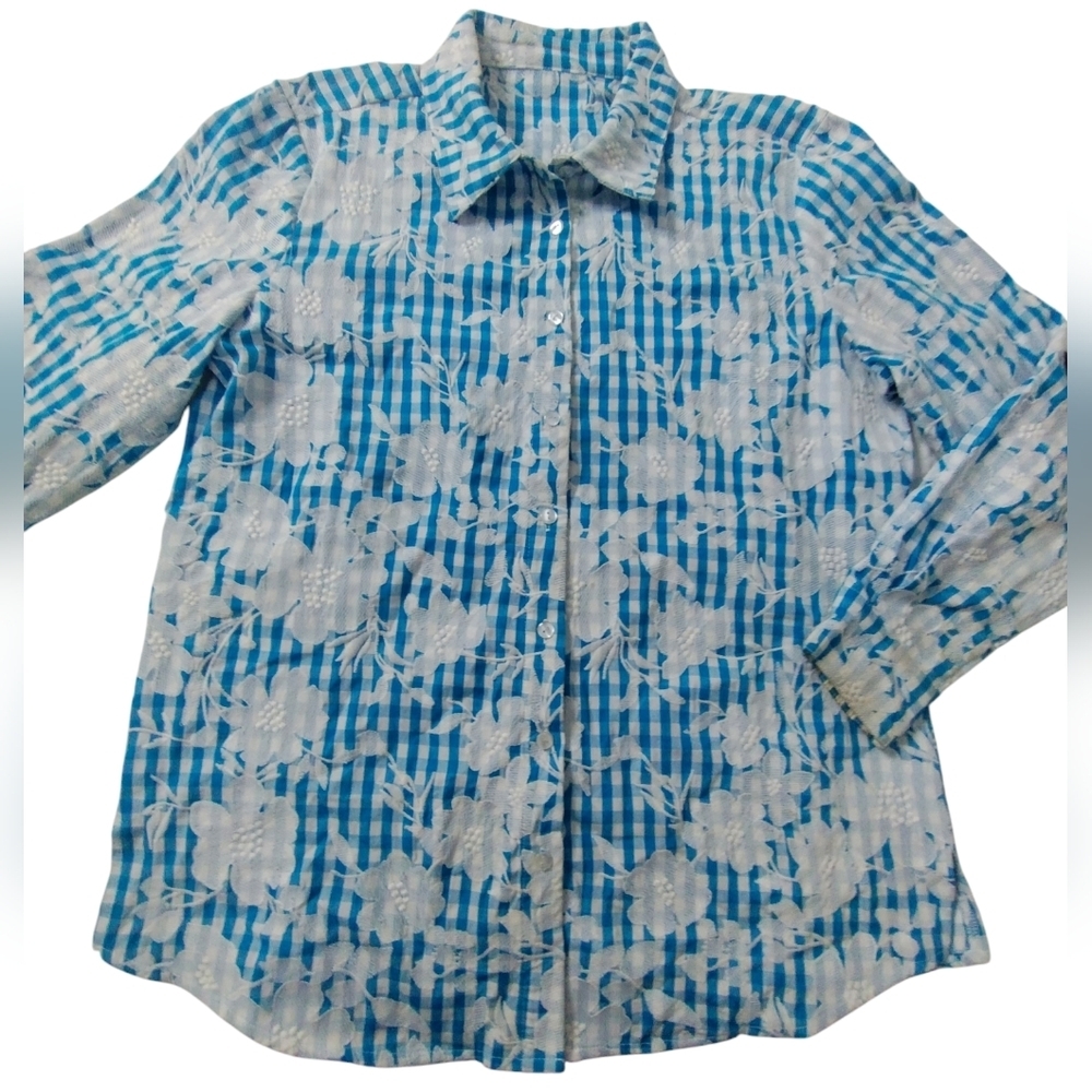 Y2K Vintage Embroidered Floral Gingham Women‎ L Top Cottagecore Grannycore